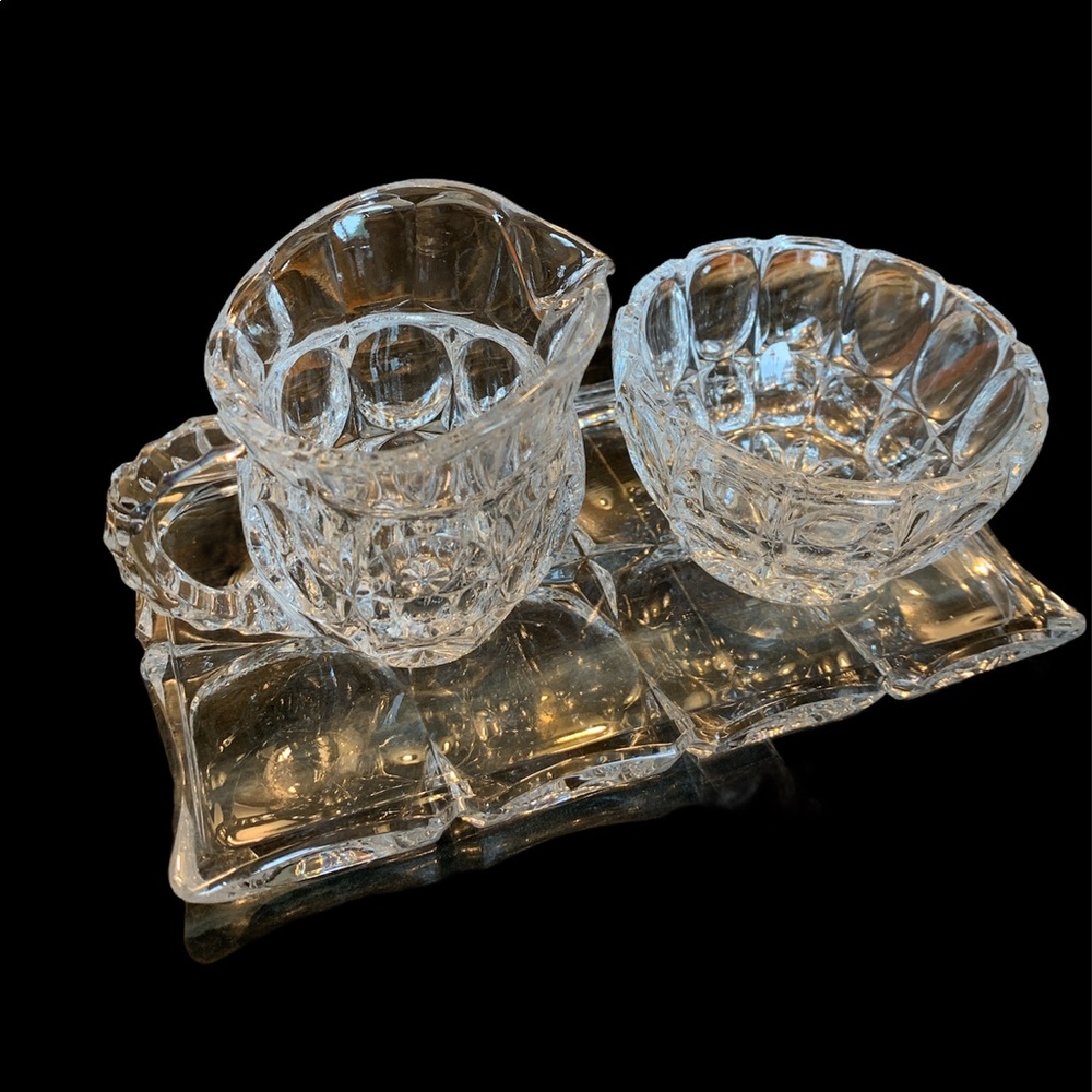 SALE!! Crystal cream and sugar with tray.  2